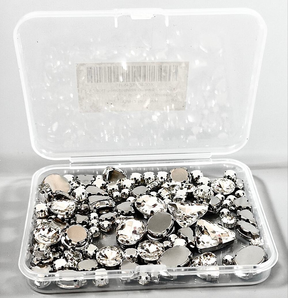 100+ Sew On Rhinestones Clear Crystal, Silver settings, Assorted Shapes/Sizes